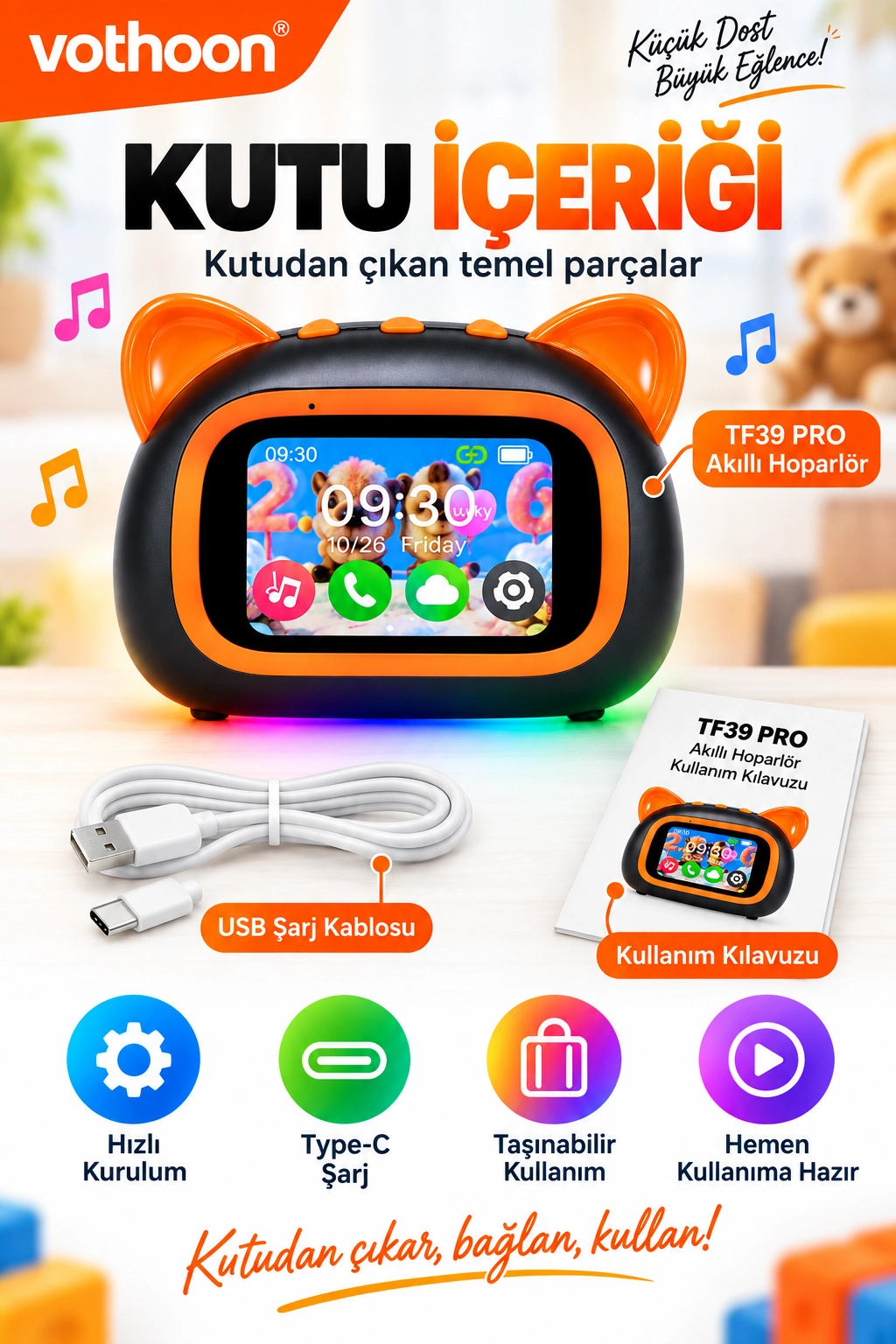 TF39 PRO Yapay Zekalı Bluetooth Hoparlör – Renkli Ekran, RGB Işık, Alarm ve Saat