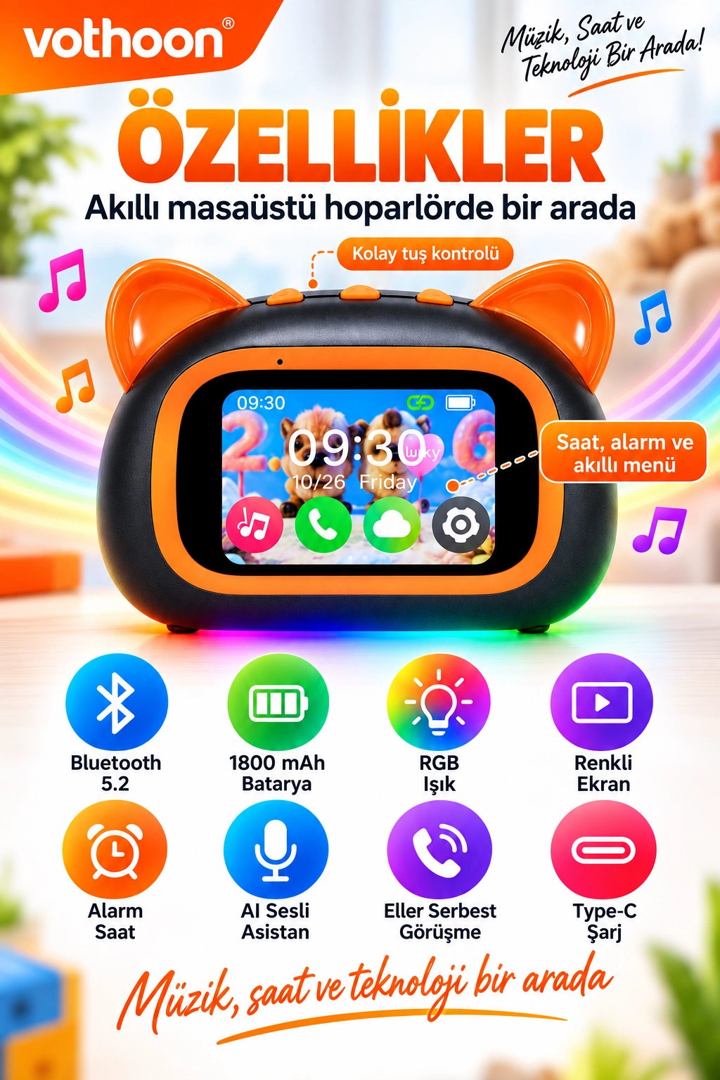 TF39 PRO Yapay Zekalı Bluetooth Hoparlör – Renkli Ekran, RGB Işık, Alarm ve Saat