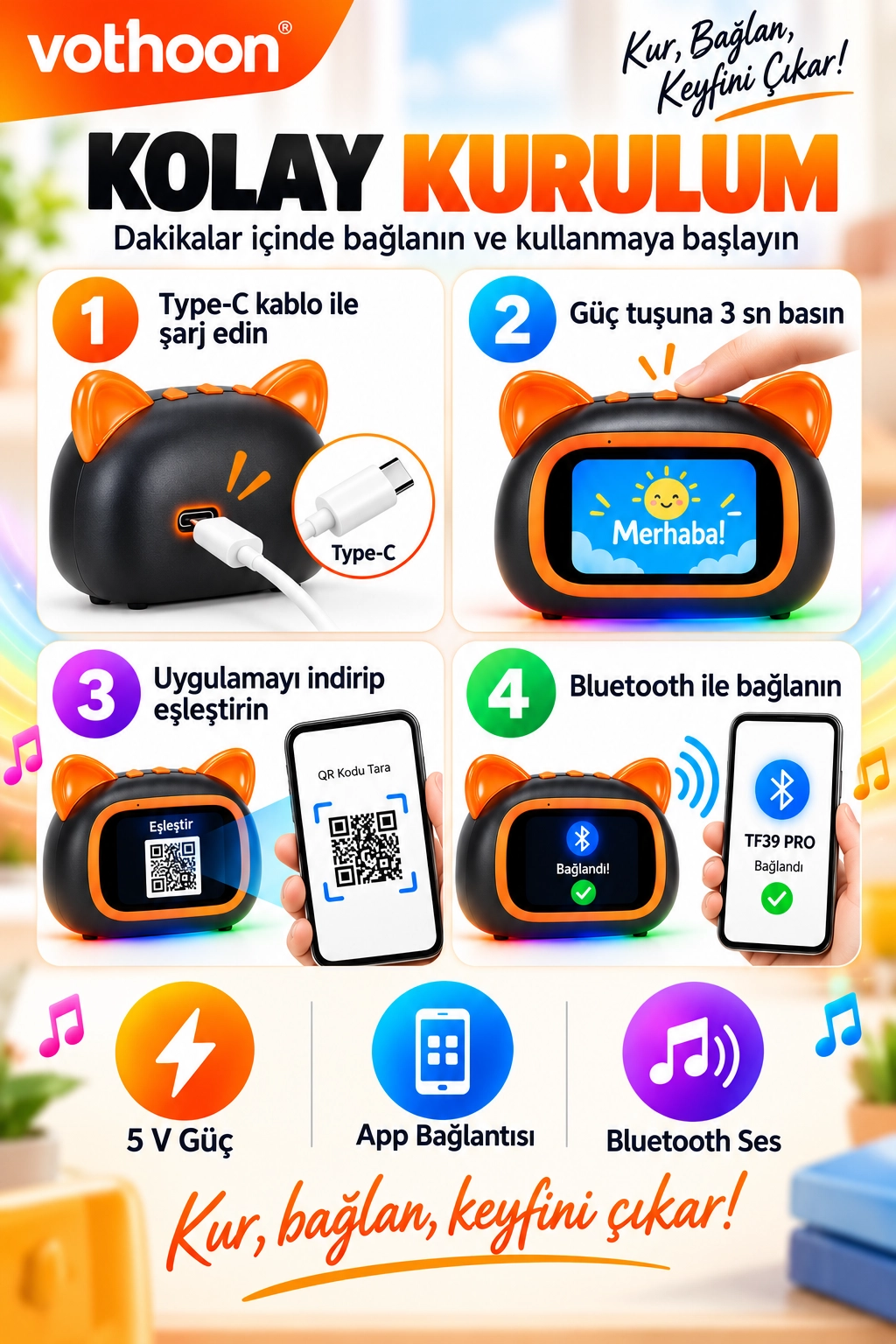 TF39 PRO Yapay Zekalı Bluetooth Hoparlör – Renkli Ekran, RGB Işık, Alarm ve Saat
