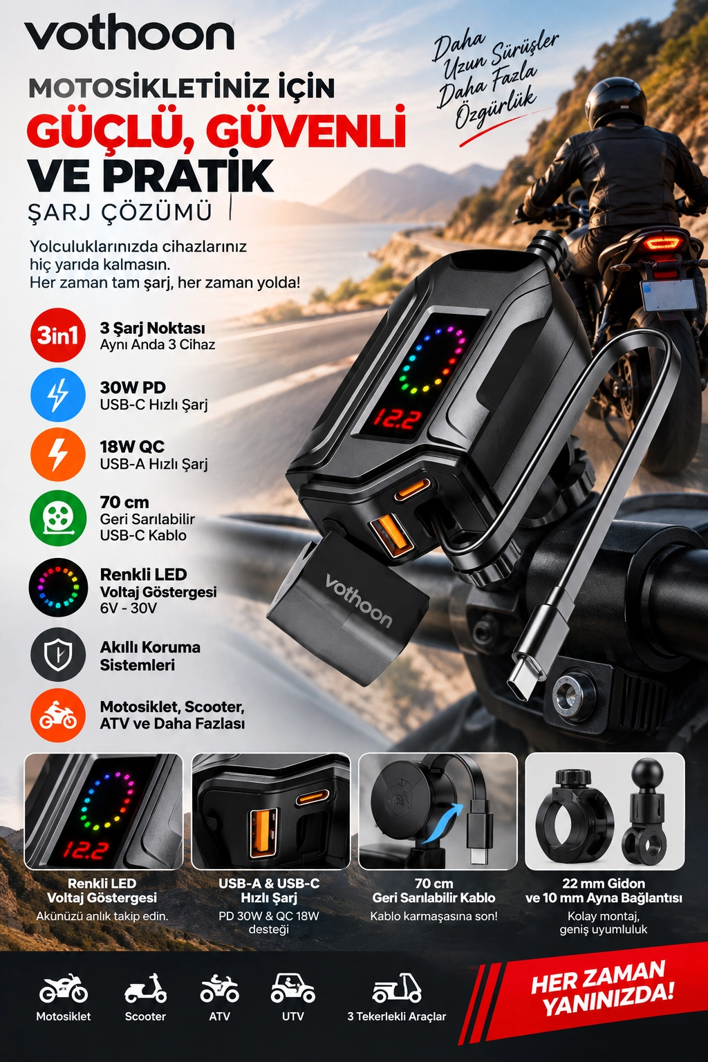 Motosiklet Telefon Tutucu Ayna Ve Gidon Bağlantılı Telefon Şarj Cihazı Geri Sarılabilir Type-C Kablolu Voltaj Göstergeli 30W