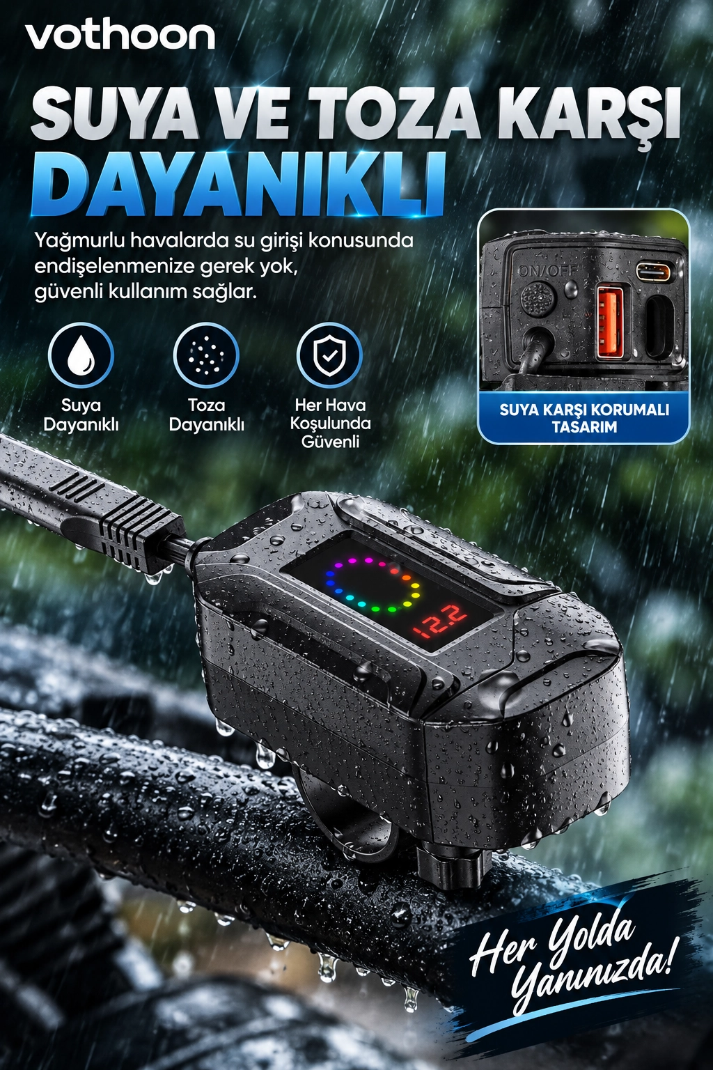 Motosiklet Telefon Tutucu Ayna Ve Gidon Bağlantılı Telefon Şarj Cihazı Geri Sarılabilir Type-C Kablolu Voltaj Göstergeli 30W