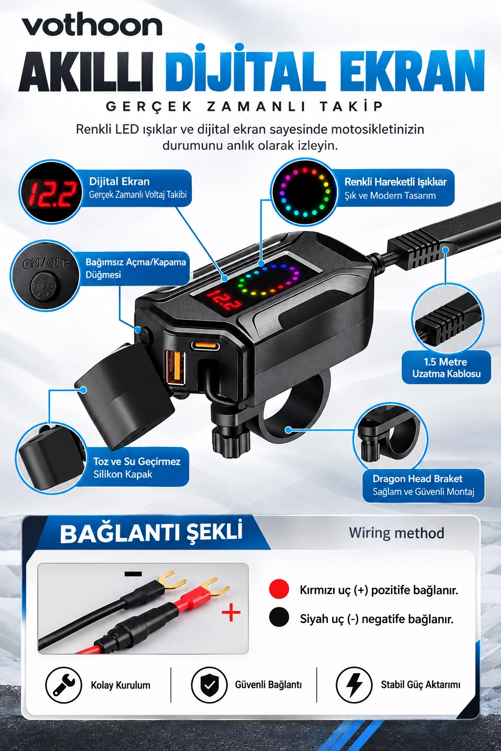 Motosiklet Telefon Tutucu Ayna Ve Gidon Bağlantılı Telefon Şarj Cihazı Geri Sarılabilir Type-C Kablolu Voltaj Göstergeli 30W