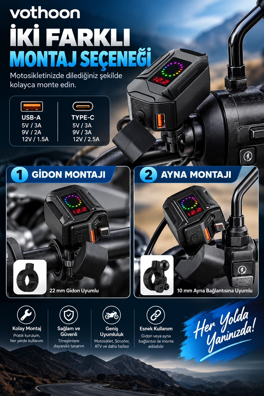 Motosiklet Telefon Tutucu Ayna Ve Gidon Bağlantılı Telefon Şarj Cihazı Geri Sarılabilir Type-C Kablolu Voltaj Göstergeli 30W