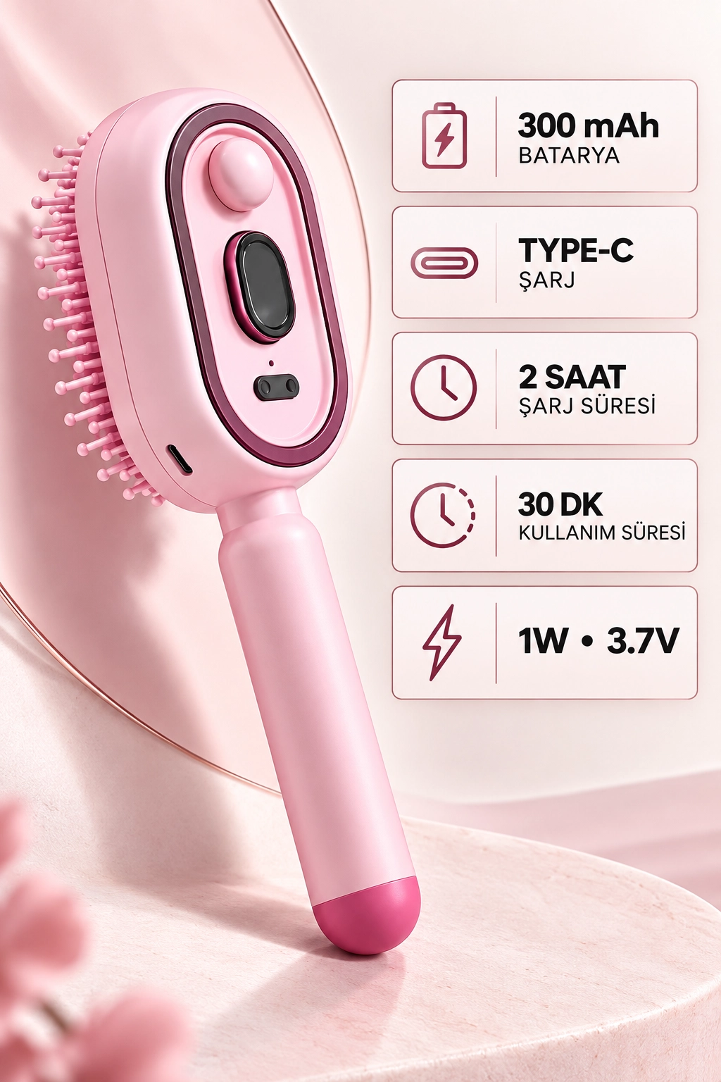 Elektrikli Spreyli Saç Tarağı 300 mAh Type‑C Şarjlı İnce Spreyli Antistatik Bakım Fırçası pembe 