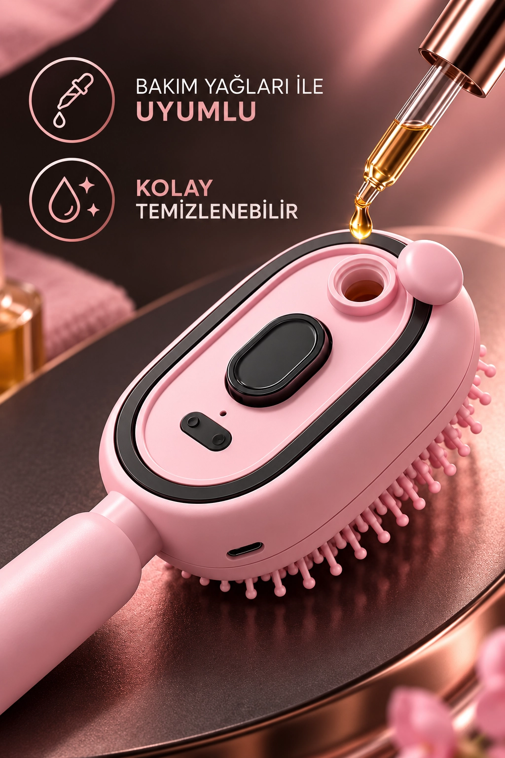 Elektrikli Spreyli Saç Tarağı 300 mAh Type‑C Şarjlı İnce Spreyli Antistatik Bakım Fırçası pembe 