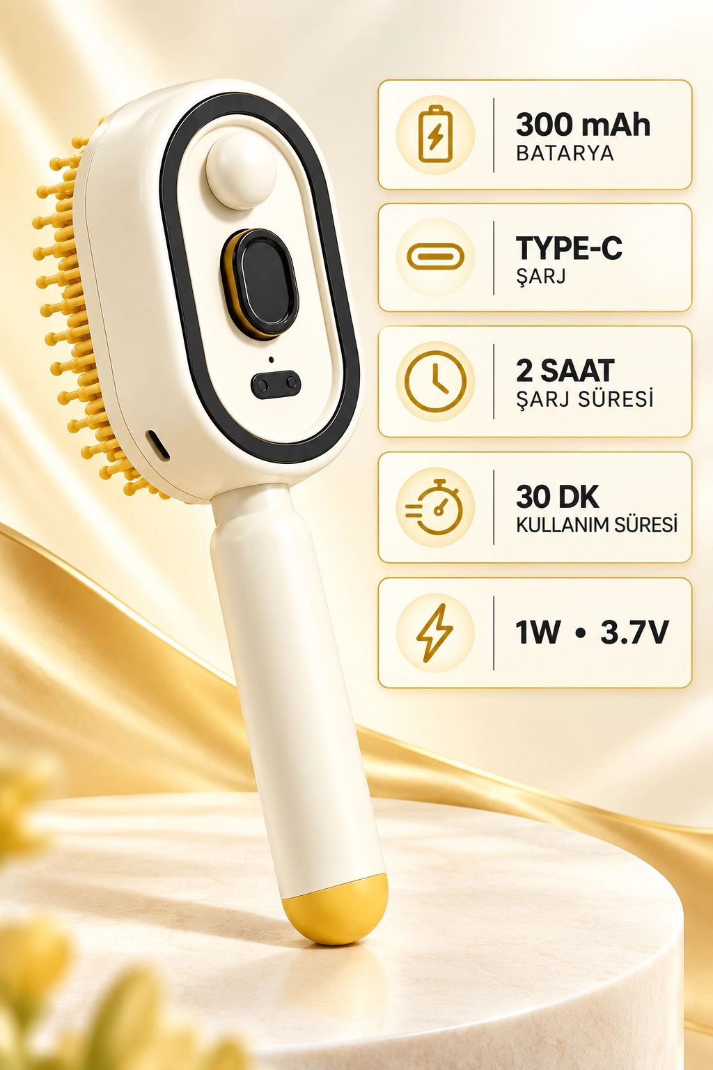 Elektrikli Spreyli Saç Tarağı 300 mAh Type‑C Şarjlı İnce Spreyli Antistatik Bakım Fırçası krem
