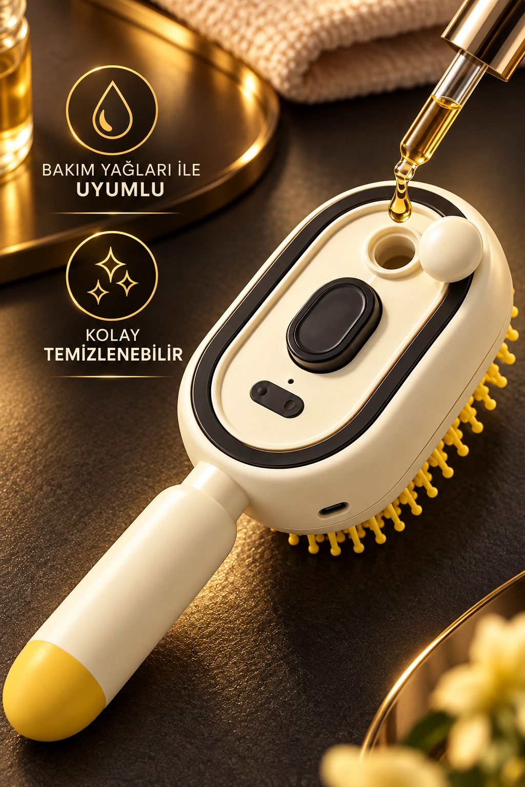 Elektrikli Spreyli Saç Tarağı 300 mAh Type‑C Şarjlı İnce Spreyli Antistatik Bakım Fırçası krem