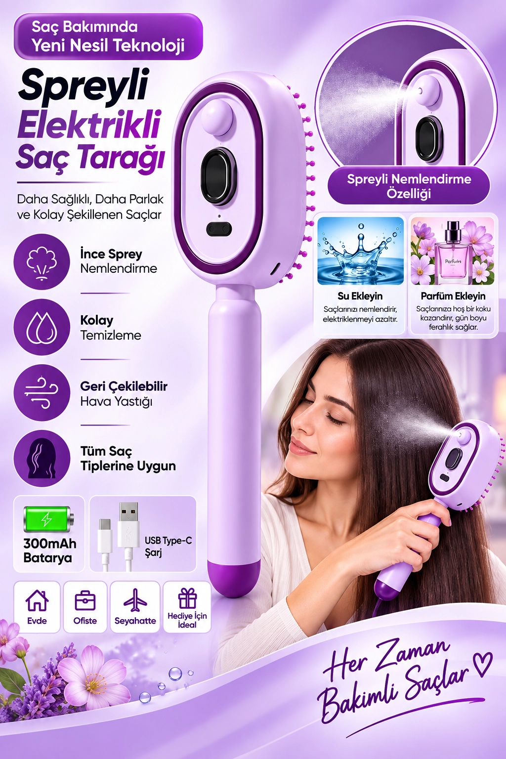 Elektrikli Spreyli Saç Tarağı 300 mAh Type‑C Şarjlı İnce Spreyli Antistatik Bakım Fırçası mor