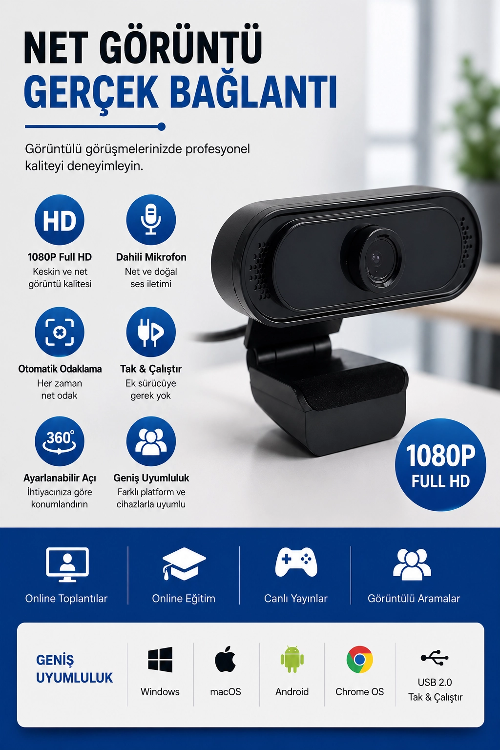 WebCam Orjınal 1080p HD Konferans Kamera Dahili Mikrofon Görüntülü Sohbet Yayın Kamerası HD Video AE-112