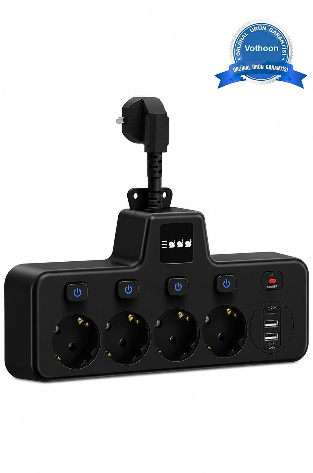 Termal Akım Korumalı 4’lü Duvar Tipi Priz 2x USB 2x Type-C Çıkışlı Grup Priz Çoğaltıcı siyah (2500W)
