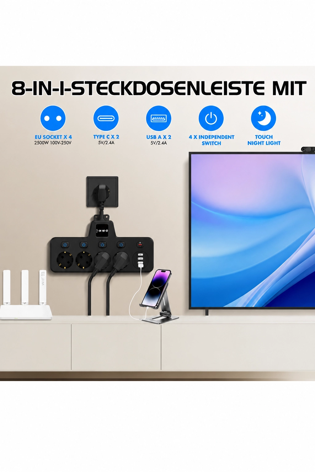 Termal Akım Korumalı 4’lü Duvar Tipi Priz 2x USB 2x Type-C Çıkışlı Grup Priz Çoğaltıcı siyah (2500W)