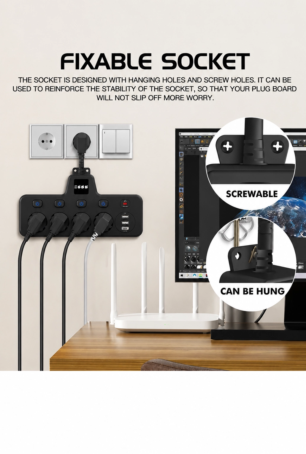 Termal Akım Korumalı 4’lü Duvar Tipi Priz 2x USB 2x Type-C Çıkışlı Grup Priz Çoğaltıcı siyah (2500W)