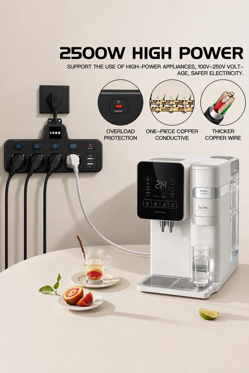 Termal Akım Korumalı 4’lü Duvar Tipi Priz 2x USB 2x Type-C Çıkışlı Grup Priz Çoğaltıcı siyah (2500W)