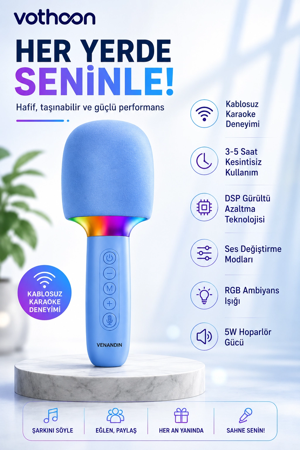 Çocuk ve Yetişkin Karaoke Mikrofonu Kablosuz RGB Ambiyans Işığı Ses Değiştirme Modlu Hoparlör