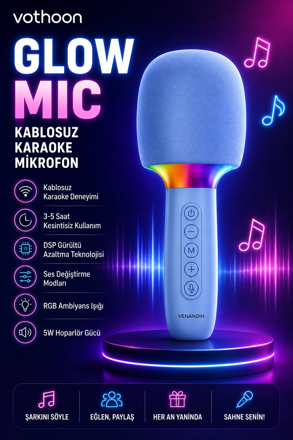 Çocuk ve Yetişkin Karaoke Mikrofonu Kablosuz RGB Ambiyans Işığı Ses Değiştirme Modlu Hoparlör