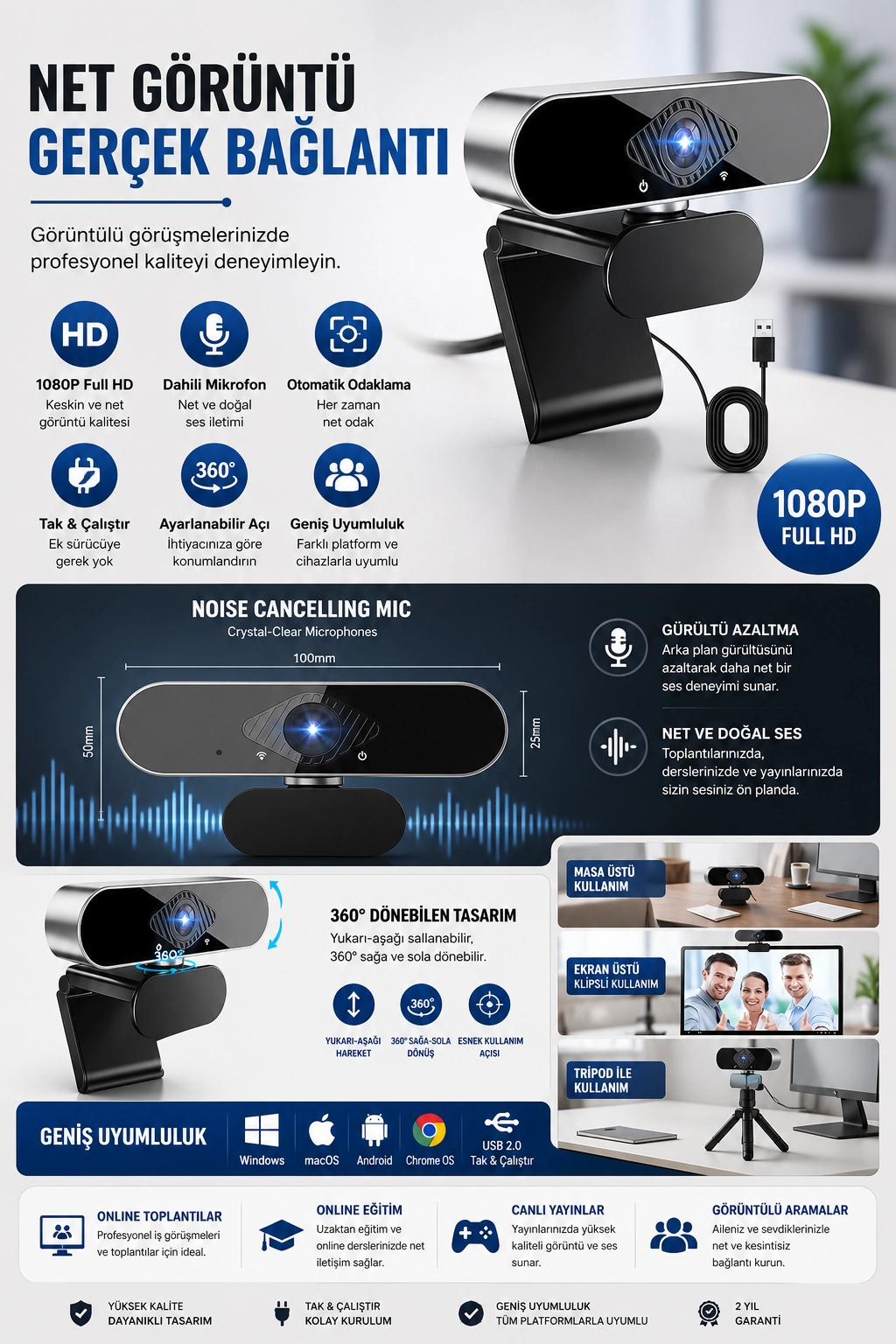 WebCam Orjınal 1080p HD Konferans Kamera Dahili Mikrofon Görüntülü Sohbet Yayın Kamerası HD Video AE-104