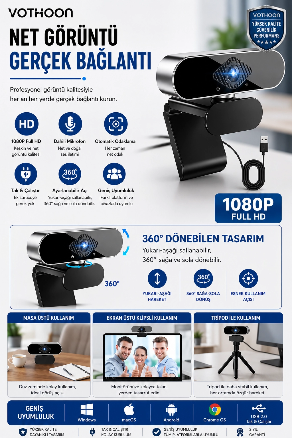 WebCam Orjınal 1080p HD Konferans Kamera Dahili Mikrofon Görüntülü Sohbet Yayın Kamerası HD Video AE-104