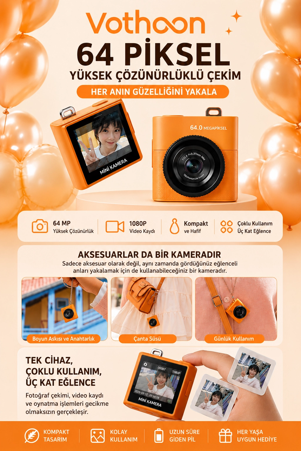 Mini Dijital Kamera 64MP 16x Digital Zoom Retro Vintage 1.4’’Ekranlı Video Kamera Taşınabilir Tasarım Turuncu