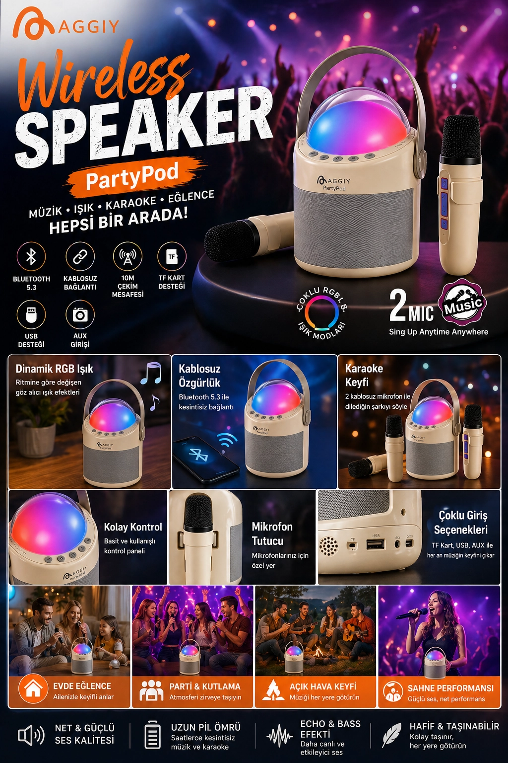 PartyPod Bluetooth 5.3 Destekli Çok Fonksiyonlu Kablosuz Mikrofon Ve Hoparlör