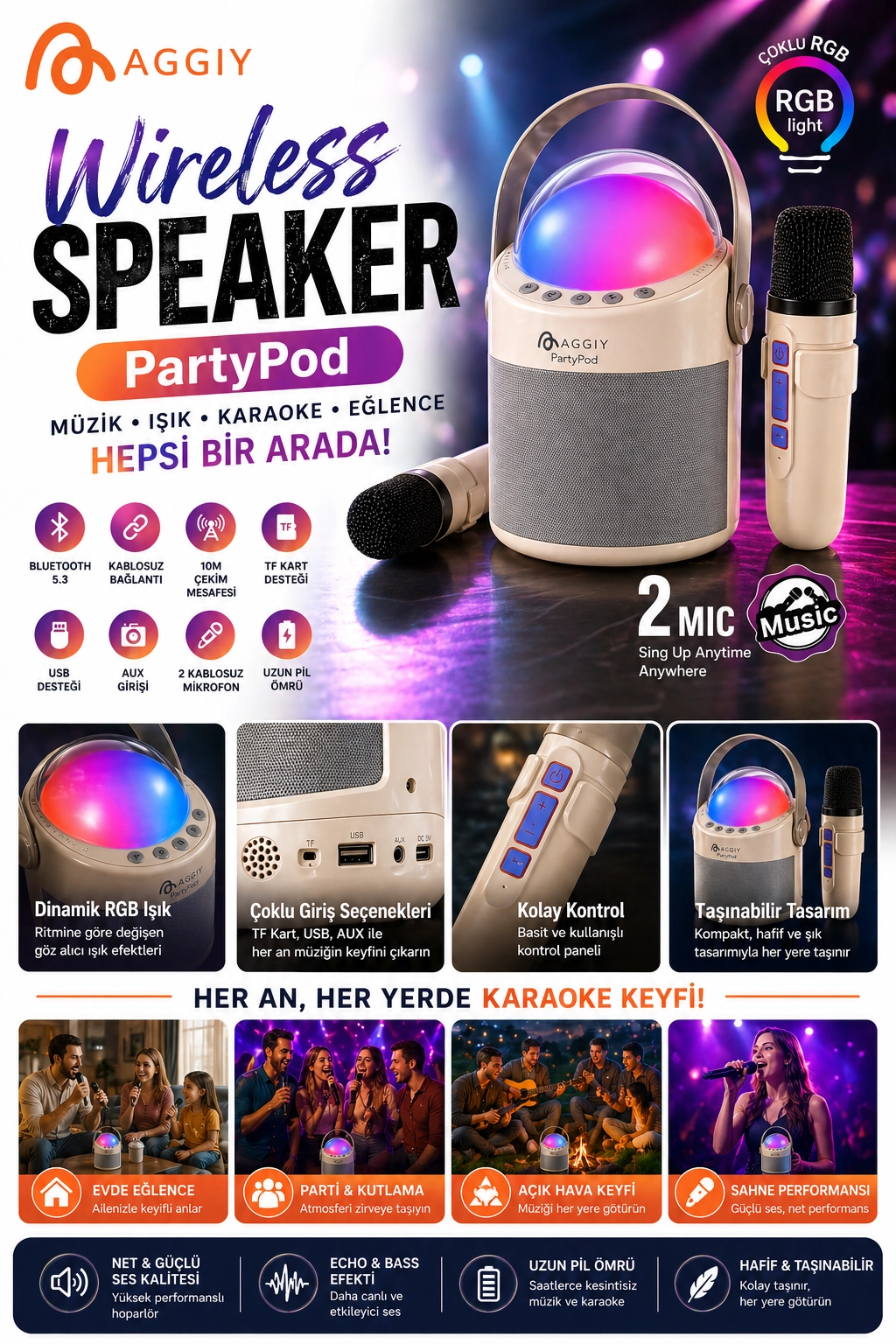 PartyPod Bluetooth 5.3 Destekli Çok Fonksiyonlu Kablosuz Mikrofon Ve Hoparlör