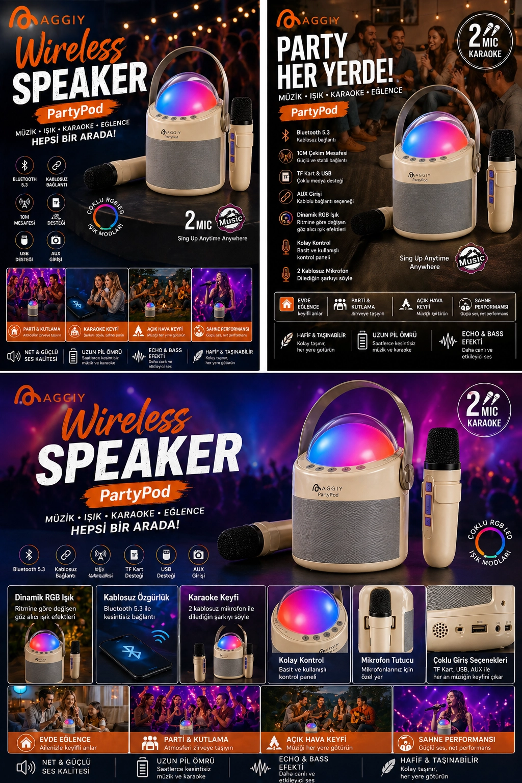 PartyPod Bluetooth 5.3 Destekli Çok Fonksiyonlu Kablosuz Mikrofon Ve Hoparlör