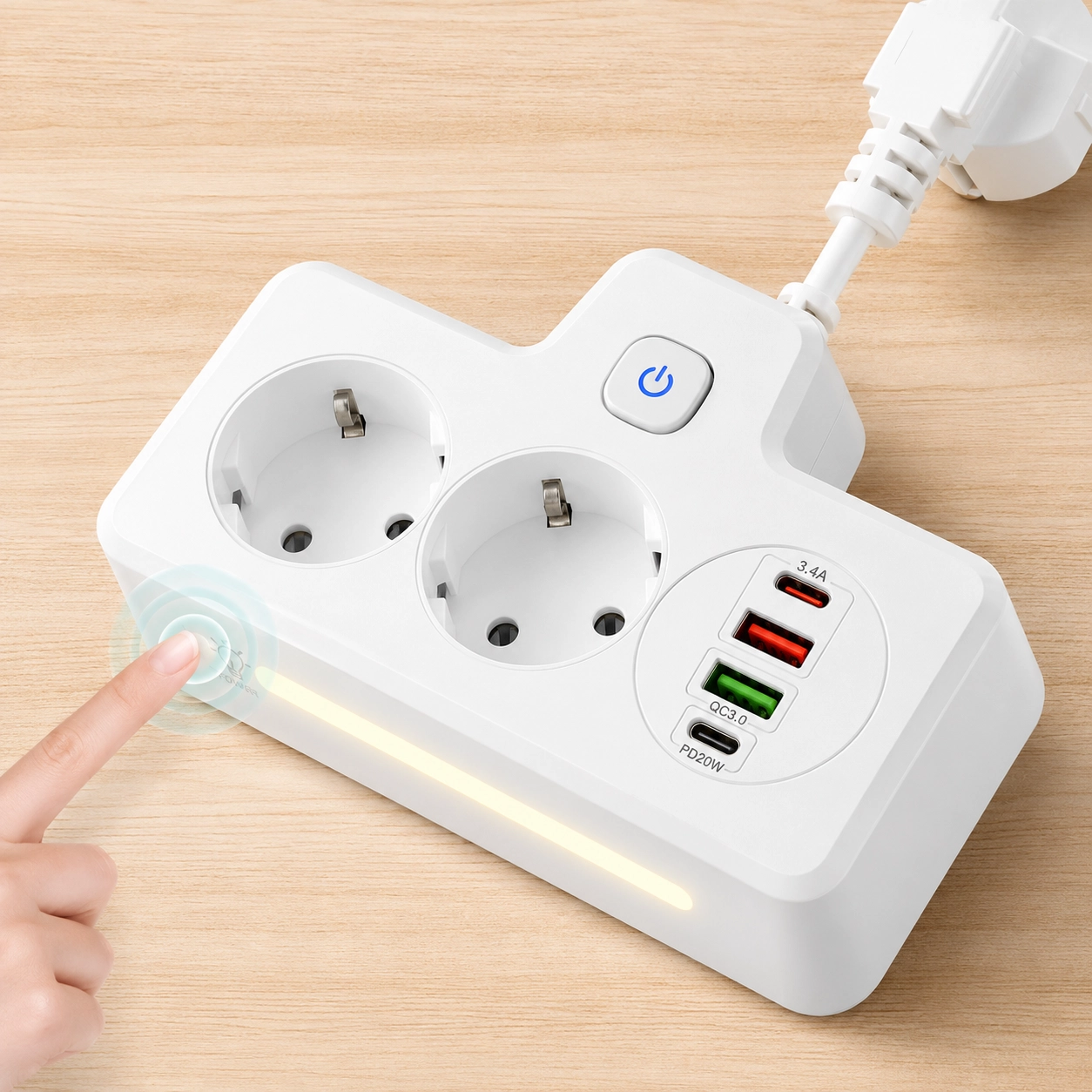 Bkl-502 Akım Korumalı 2Li Priz 2 USB ve 2 Type-C Çıkış 4000W Hızlı Şarj Duvar Tipi Dokunmatik Led Aydınlatmalı