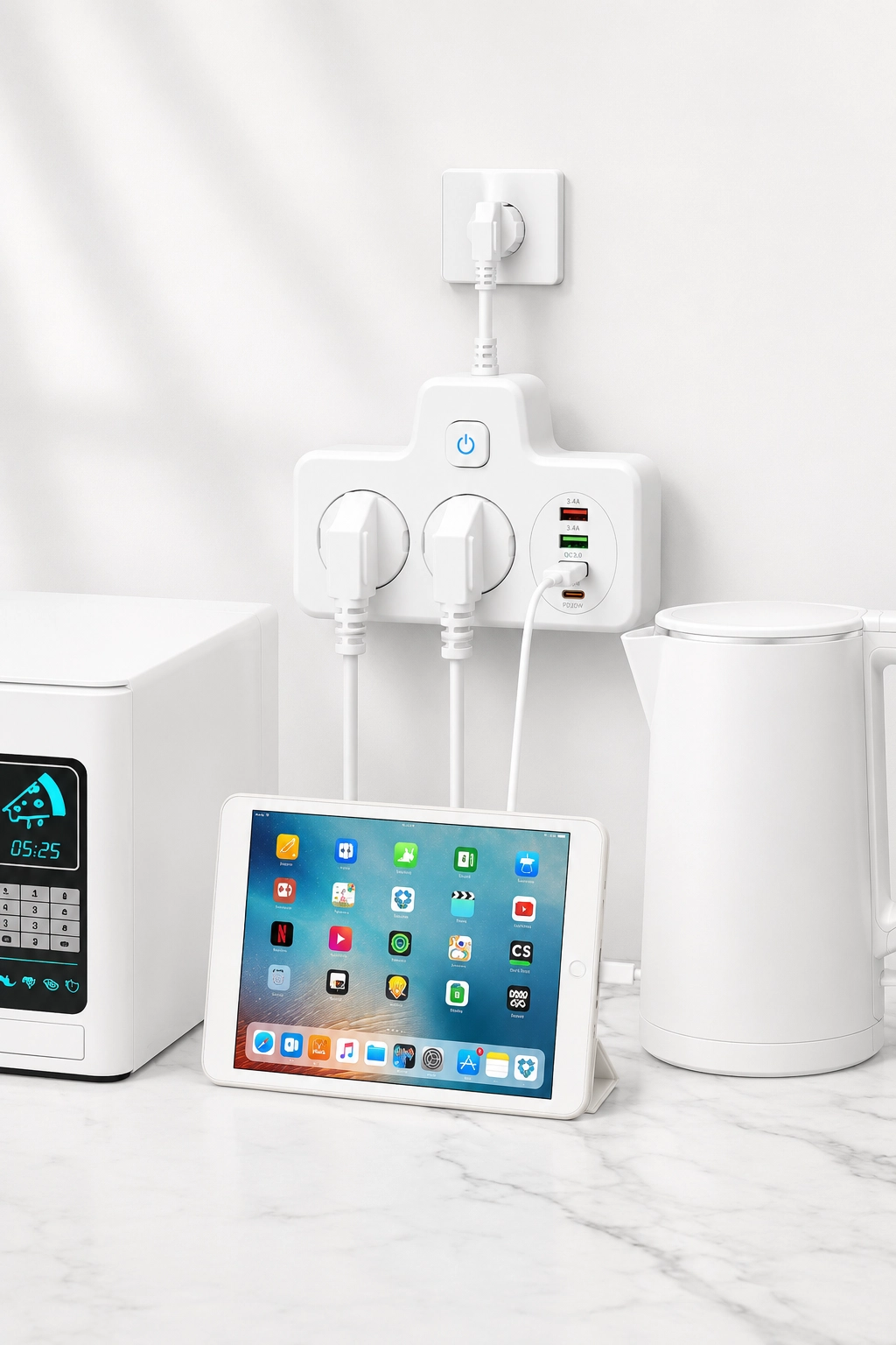 Bkl-502 Akım Korumalı 2Li Priz 2 USB ve 2 Type-C Çıkış 4000W Hızlı Şarj Duvar Tipi Dokunmatik Led Aydınlatmalı