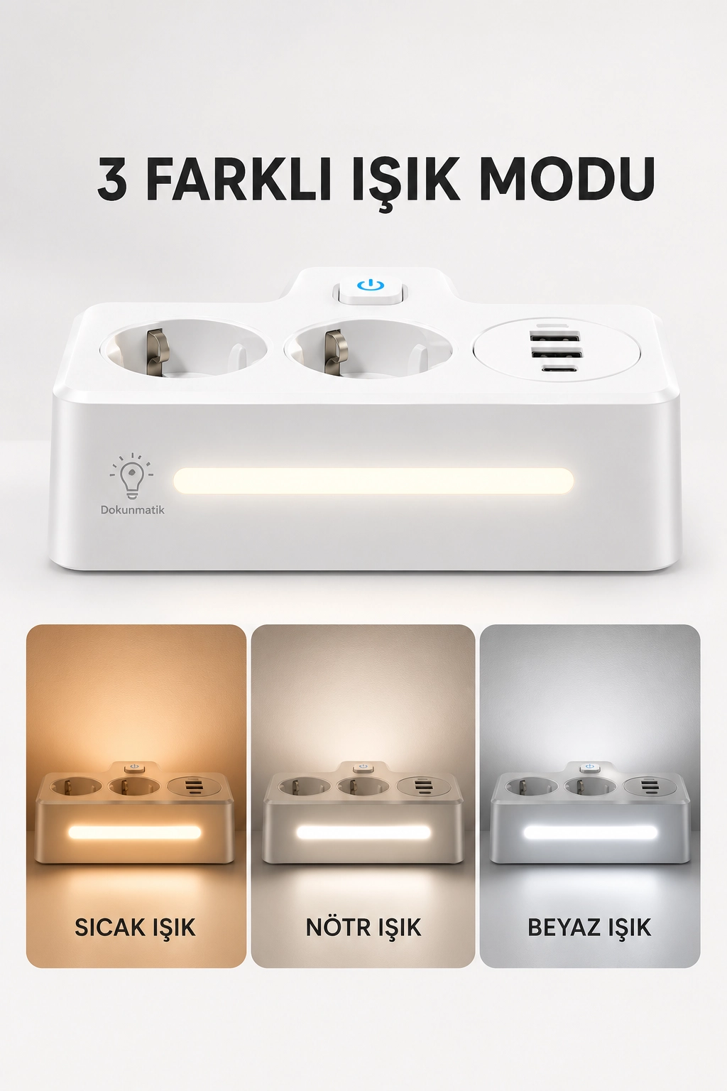 Bkl-502 Akım Korumalı 2Li Priz 2 USB ve 2 Type-C Çıkış 4000W Hızlı Şarj Duvar Tipi Dokunmatik Led Aydınlatmalı