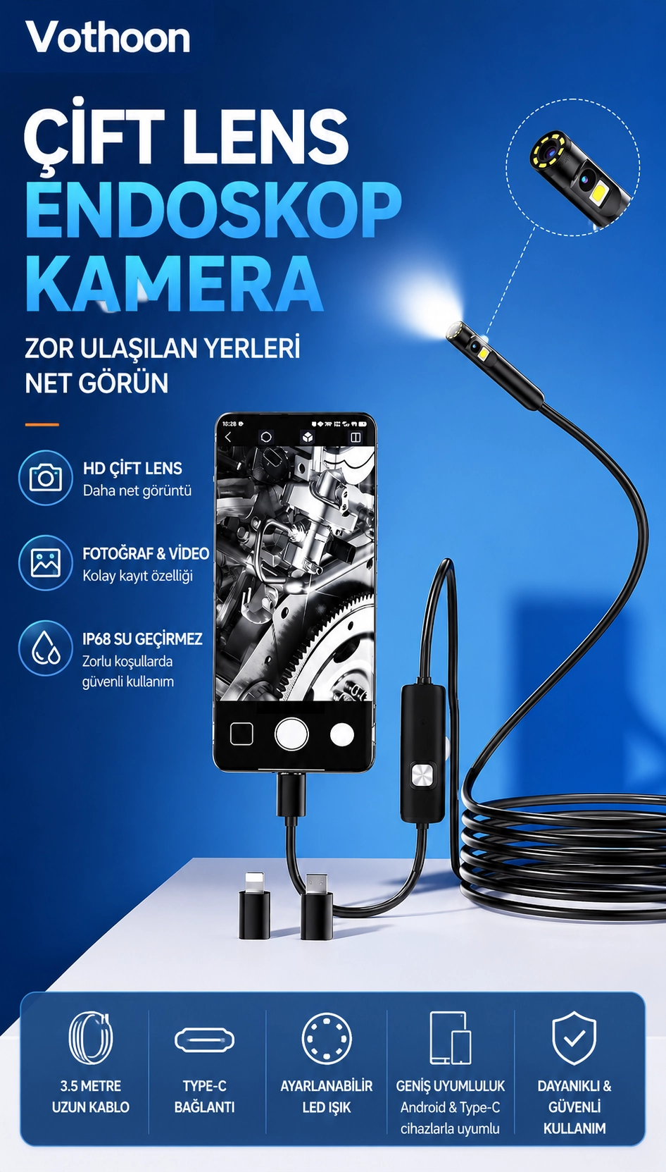 10 Metre Çift Kameralı iOS/Android Uyumlu Yılan Endoskop Kamera 8mm 2MP LED’li Sert Kablo