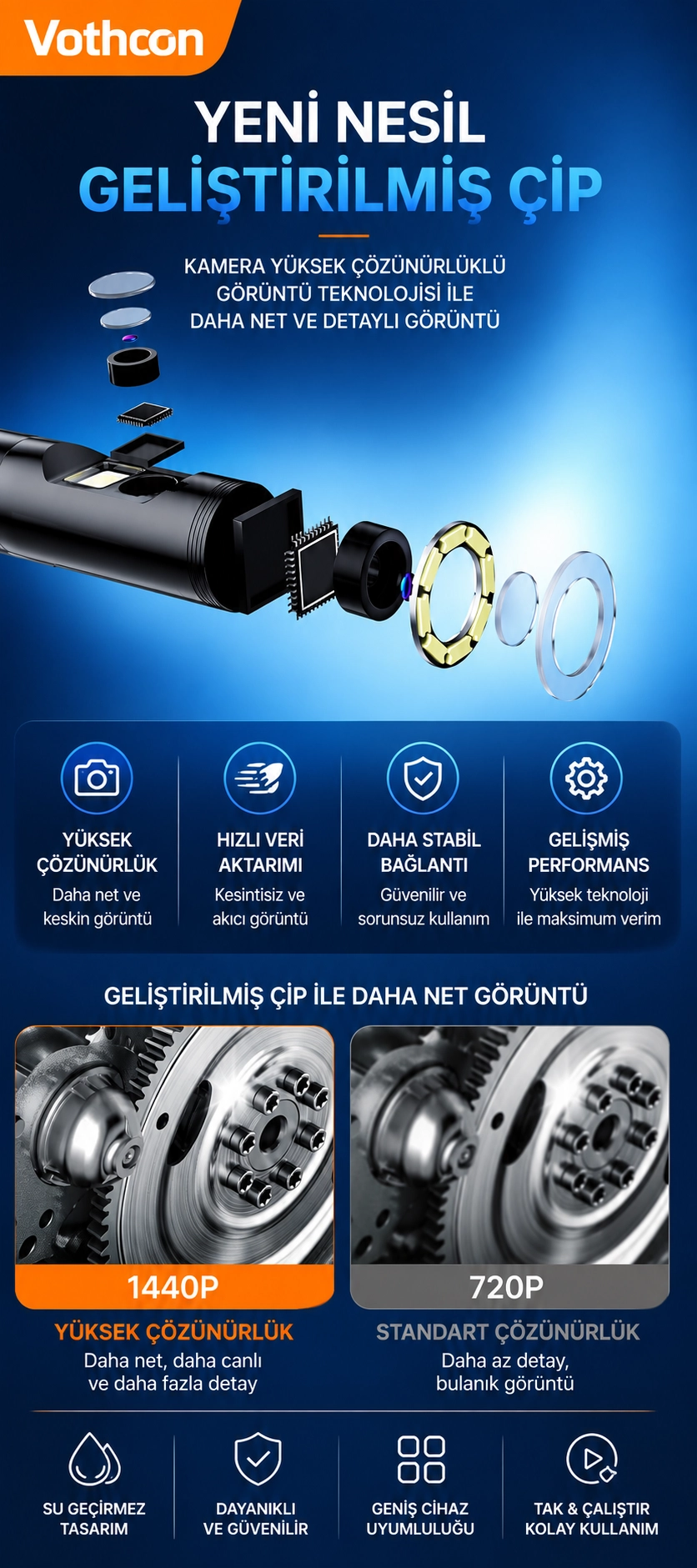 10 Metre Çift Kameralı iOS/Android Uyumlu Yılan Endoskop Kamera 8mm 2MP LED’li Sert Kablo