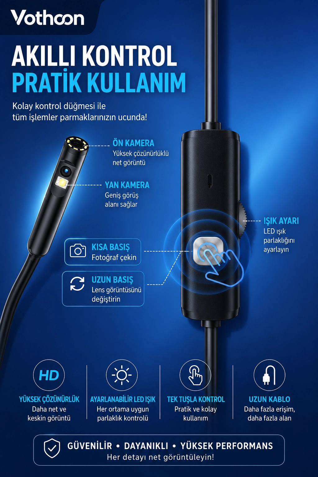 5 Metre Çift Kameralı iOS/Android Uyumlu Yılan Endoskop Kamera 8mm 2MP LED’li Sert Kablo