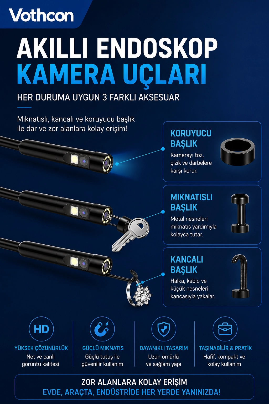 10 Metre Çift Kameralı iOS/Android Uyumlu Yılan Endoskop Kamera 8mm 2MP LED’li Sert Kablo