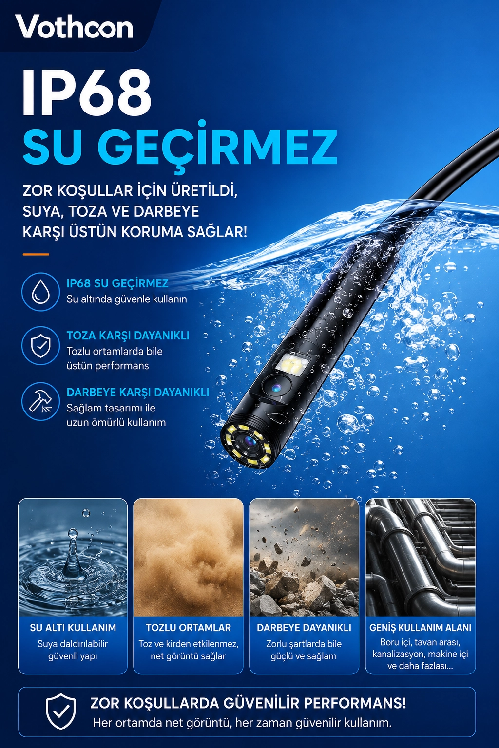 10 Metre Çift Kameralı iOS/Android Uyumlu Yılan Endoskop Kamera 8mm 2MP LED’li Sert Kablo