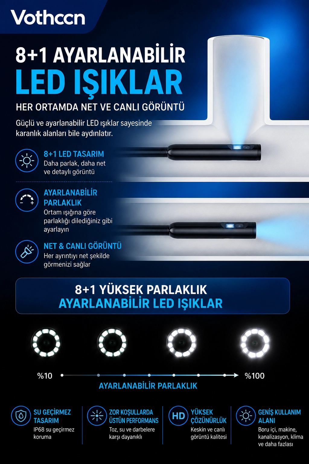 5 Metre Çift Kameralı iOS/Android Uyumlu Yılan Endoskop Kamera 8mm 2MP LED’li Sert Kablo