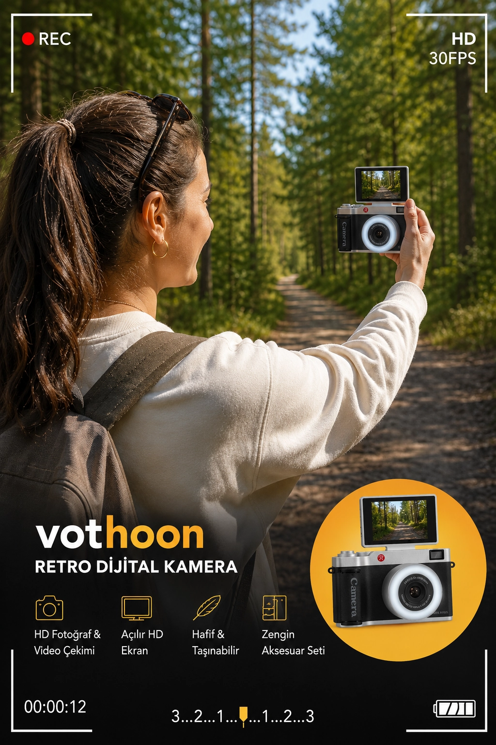 4K Çantalı Dijital Retro Video Kamera 48MP 16X Zoom Işıklı (32GB) Kart Dijital Fotoğraf Makinesi Sarı