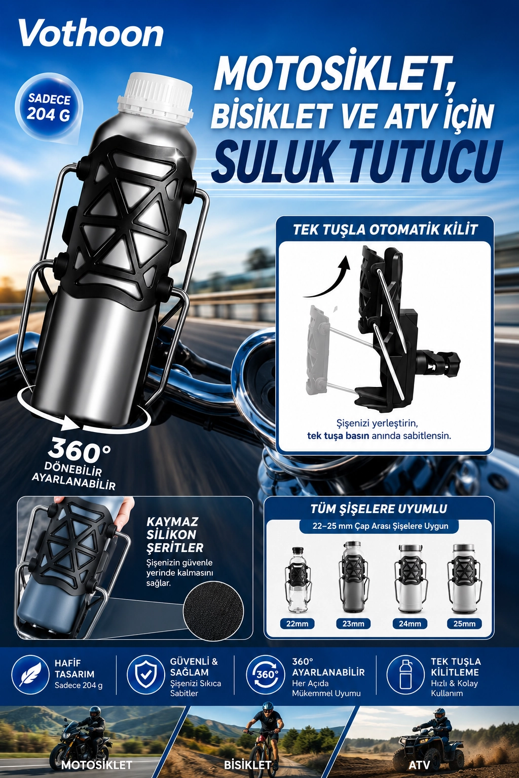 Bisiklet Motosiklet Atv ve Scooter Uyumlu Matara Suluk Tutucu Gidon Bağlantılı Esnek Gövdeli Şişe Aparatı