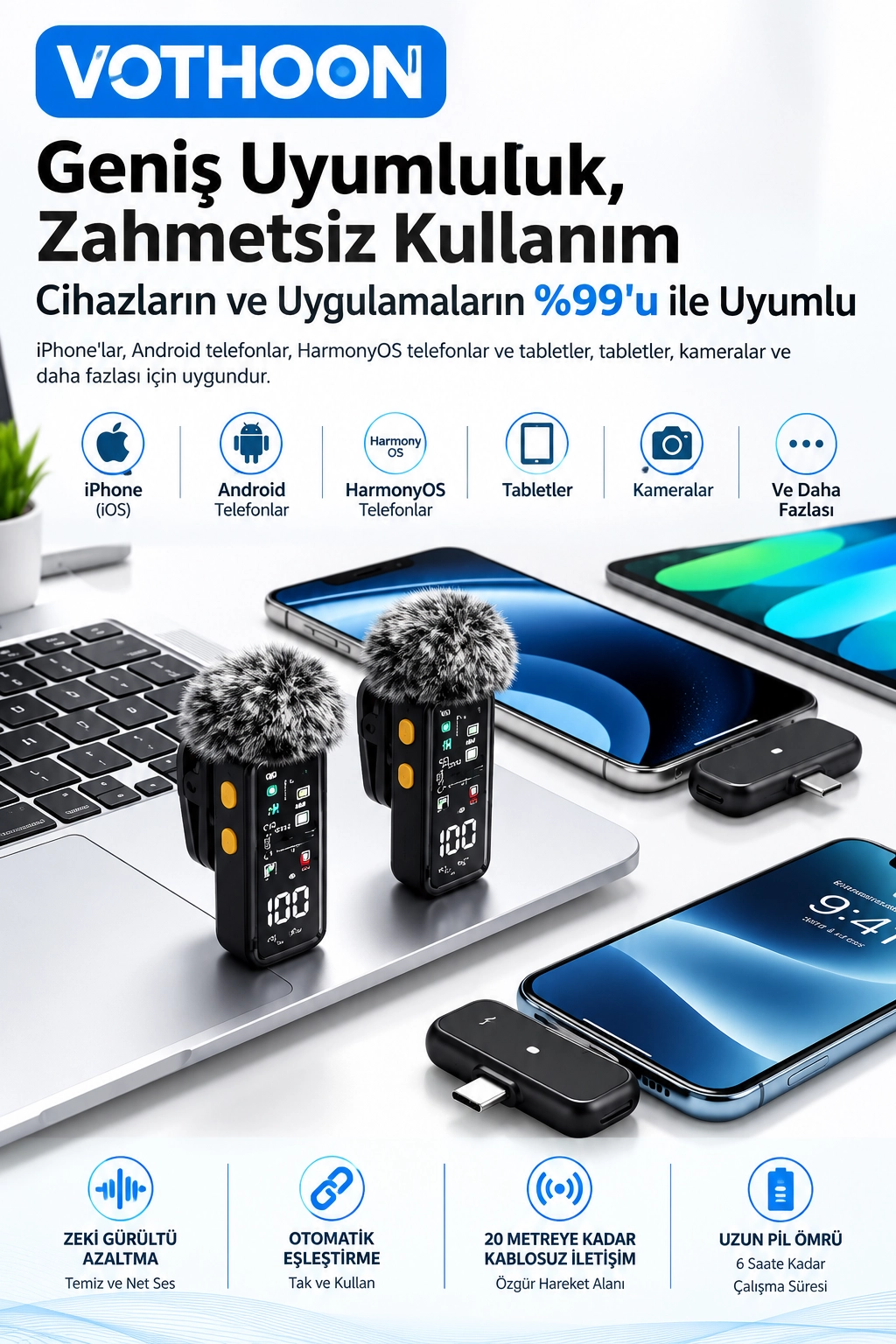Yüksek Kalite Kablosuz Yaka Mikrofonu – Type-C Lightning Uyumlu Profesyonel Anc Özellikli
