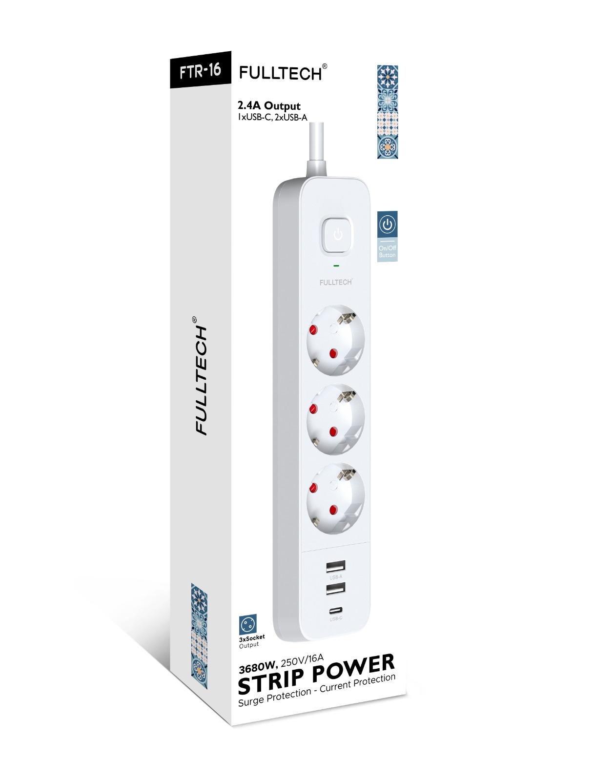 Vothoon Akım Korumalı 3’lü Priz 2xUsb 1xType-C 3680W Girişli Uzatma Kablolu Priz Ftr16