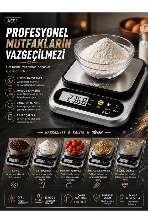 Dijital Mutfak ve Kahve Tartısı Hassas Gram Terazisi Paslanmaz Çelik LCD Ekran Çoklu Ölçüm g/oz 10 KG Kapasite