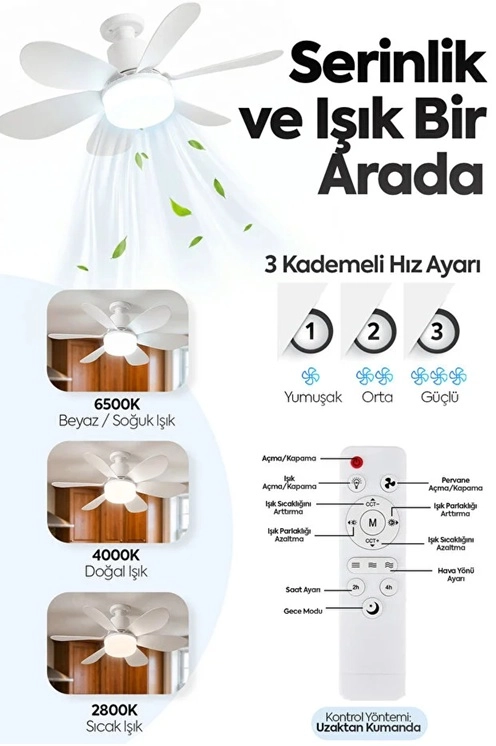 6 Kanatlı 3 Kademeli LED Aydınlatmalı Uzaktan Kumandalı Tavan Vantilatörü