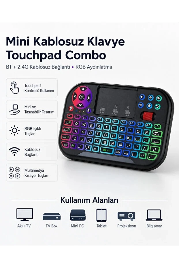 RGB Işıklı Mini Kablosuz Klavye Touchpad Combo, Bluetooth ve 2.4G Smart TV Kumandası
