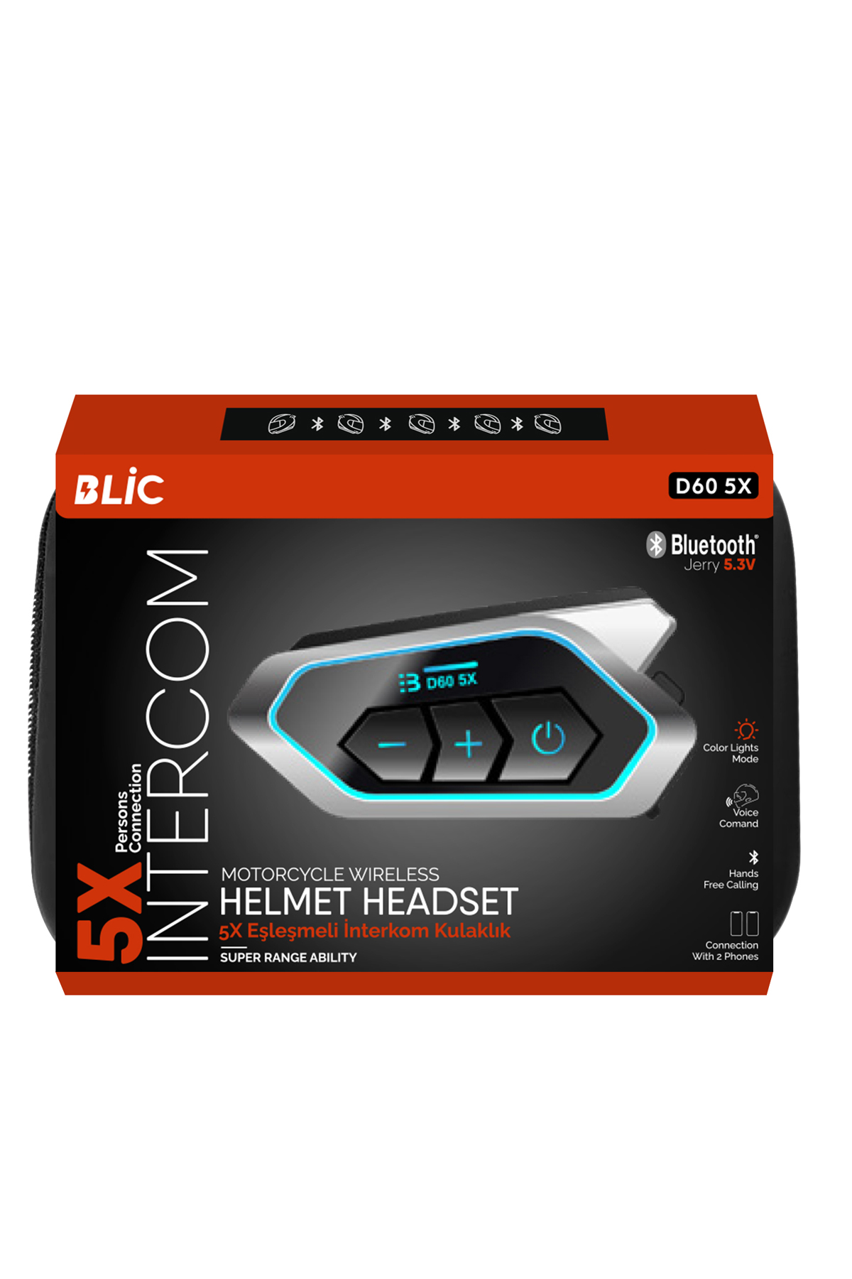 D60 5X Motosiklet Kask Kulaklığı Bluetooth Intercom 5 Intercom Bağlantılı