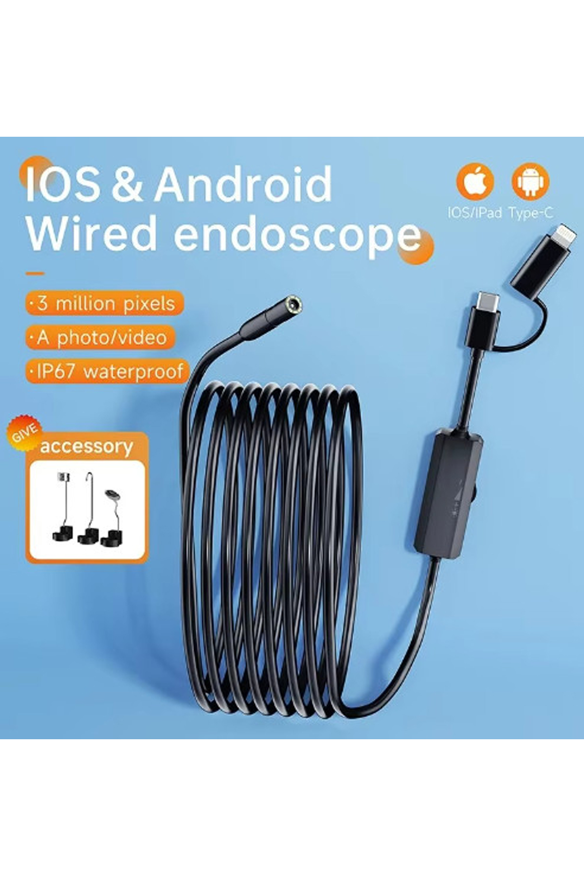 Endoskop Yılan Video Kamera Ios ve android Uyumlu Led’li 10 Metre 8 mm Sert Kablo 2mp 