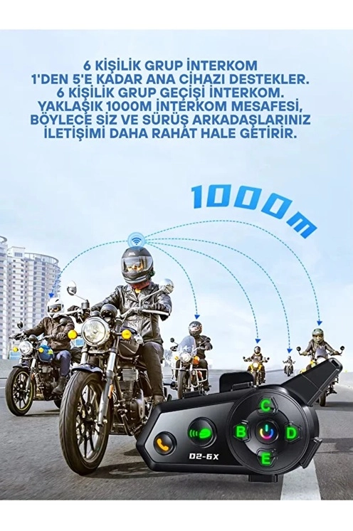D2-6X 1000M Mesafeli 6 Kanallı İntercom Bluetooth Motosiklet Kask Kulaklığı İntercom Kulaklık