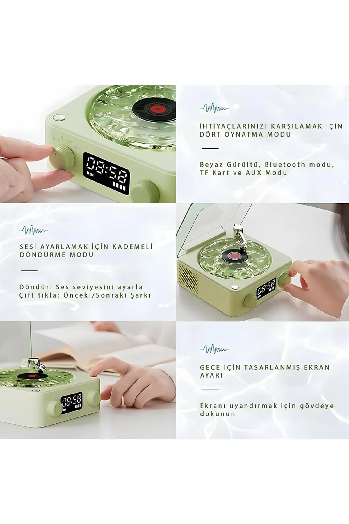Waves Nostalji Plak Görünümlü Bluetooth Hoparlör 3D Ses Dalgası Retro Müzik Plak Yeşil