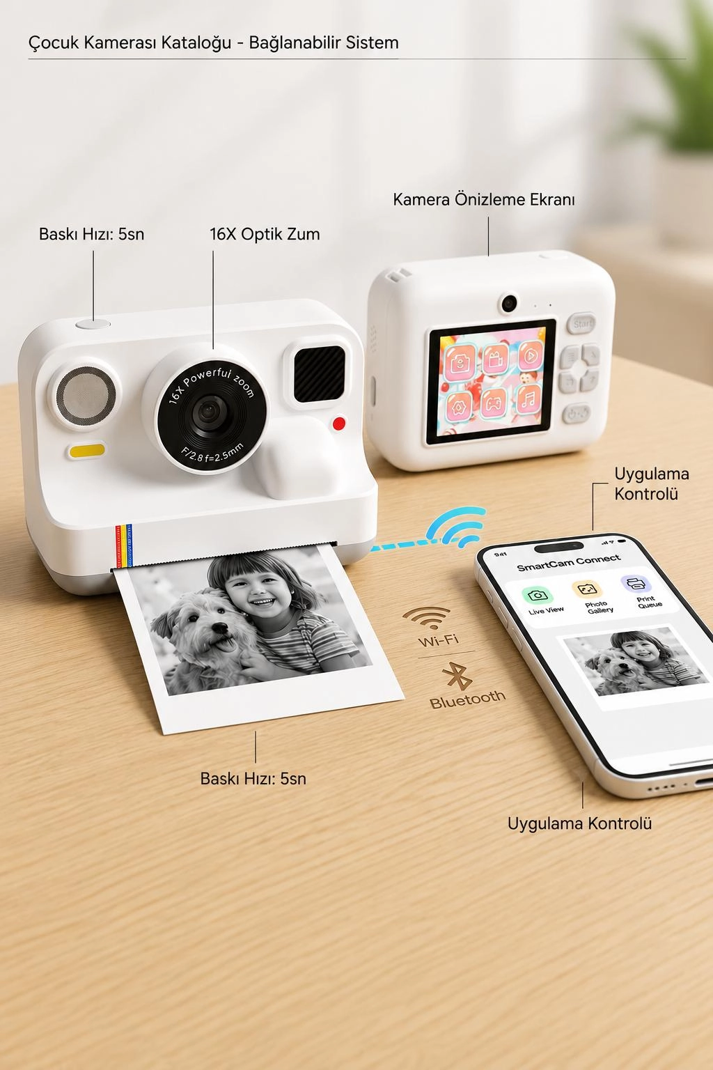Çocuk Anında Baskılı Fotoğraf Makinesi 16MP Dijital Kamera 1080P Video WiFi Telefon Destekli