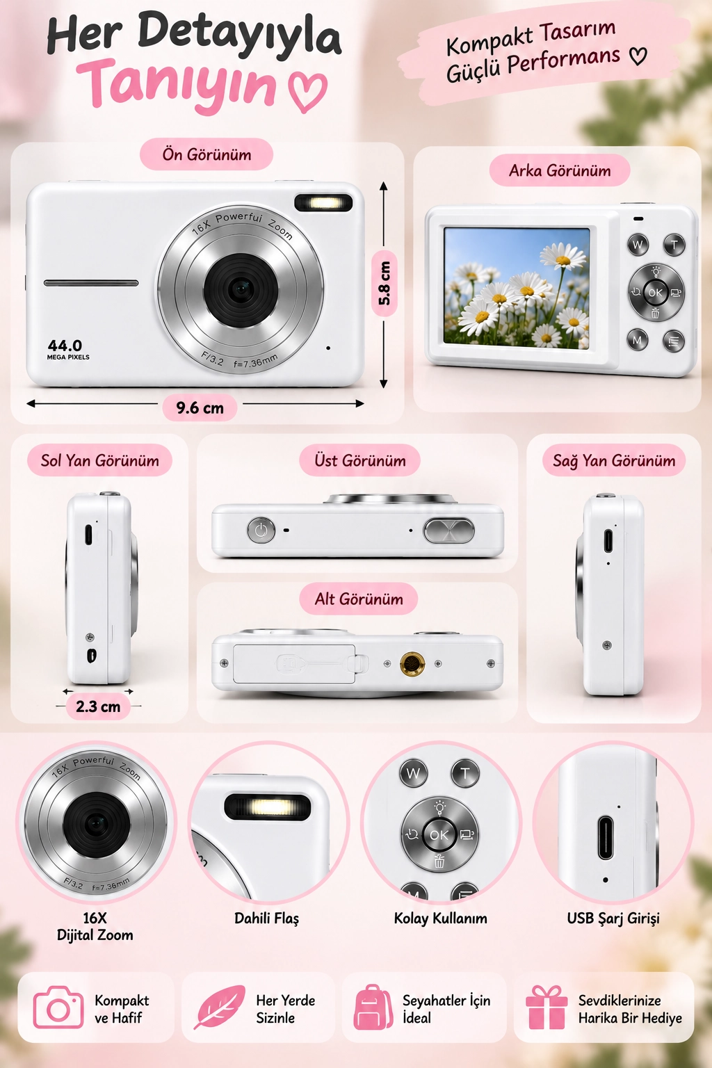 4K Figürlü Çantalı Dijital Video Kamera 44MP 16X Zoom Işıklı Kart Dijital Fotoğraf Makinesi 64gb Hafıza Kart Hediyeli beyaz