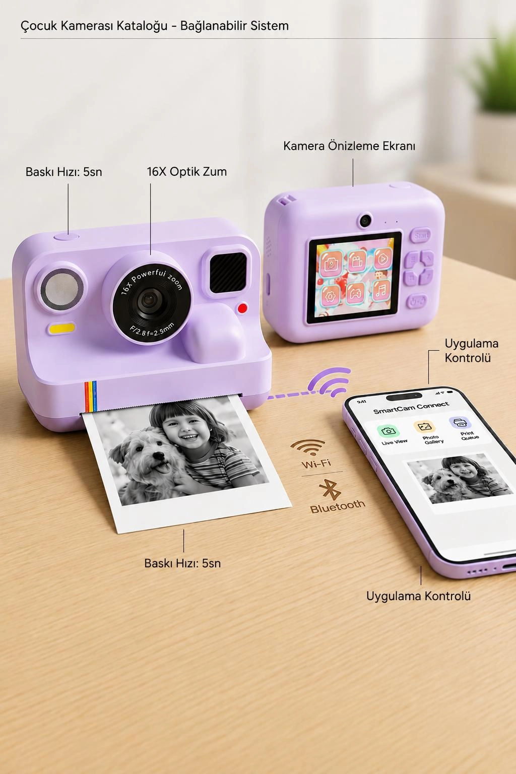 Çocuk Anında Baskılı Fotoğraf Makinesi 16MP Dijital Kamera 1080P Video WiFi Telefon Destekli