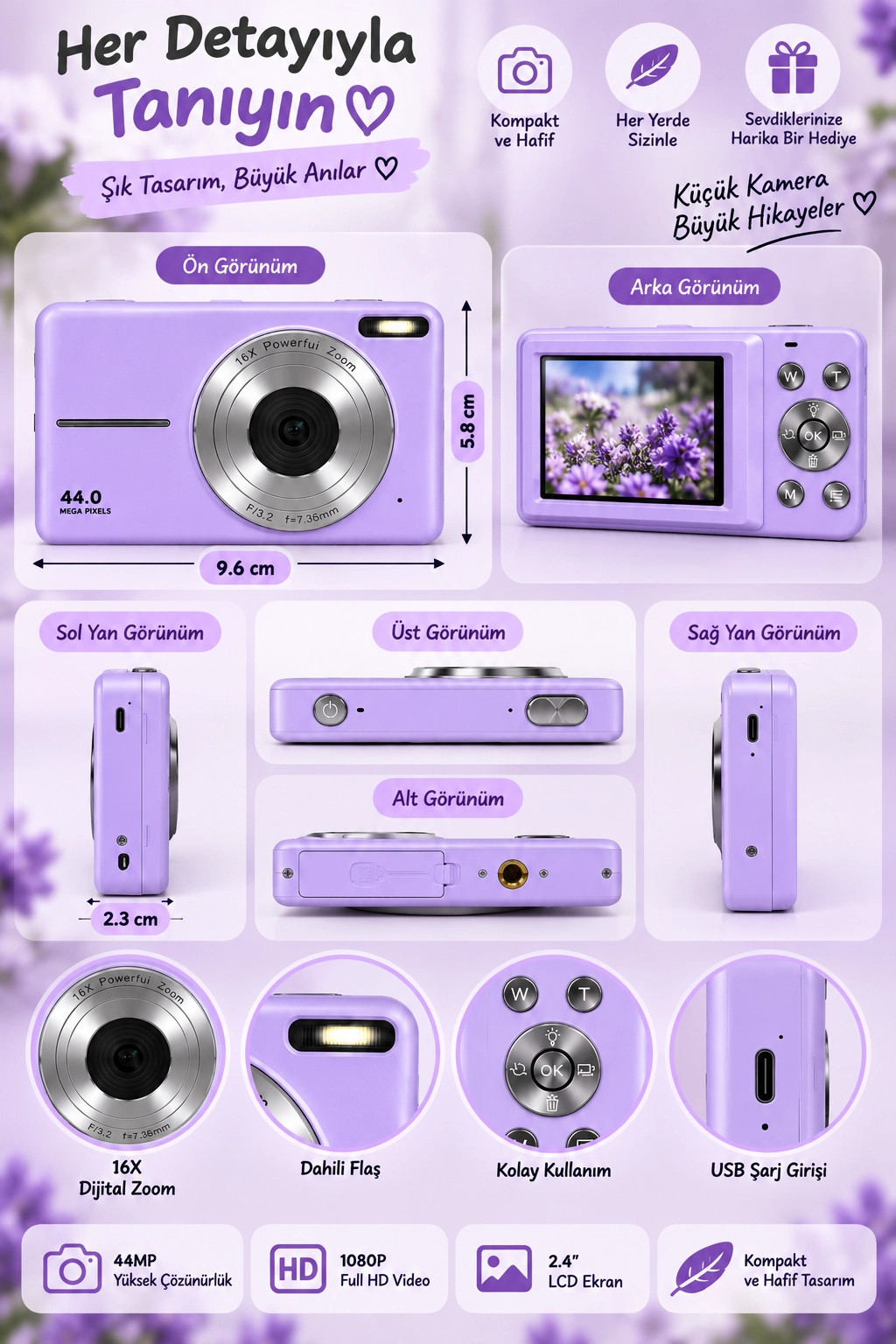 4K Figürlü Çantalı Dijital Video Kamera 44MP 16X Zoom Işıklı Kart Dijital Fotoğraf Makinesi 64gb Hafıza Kart Hediyeli Mor