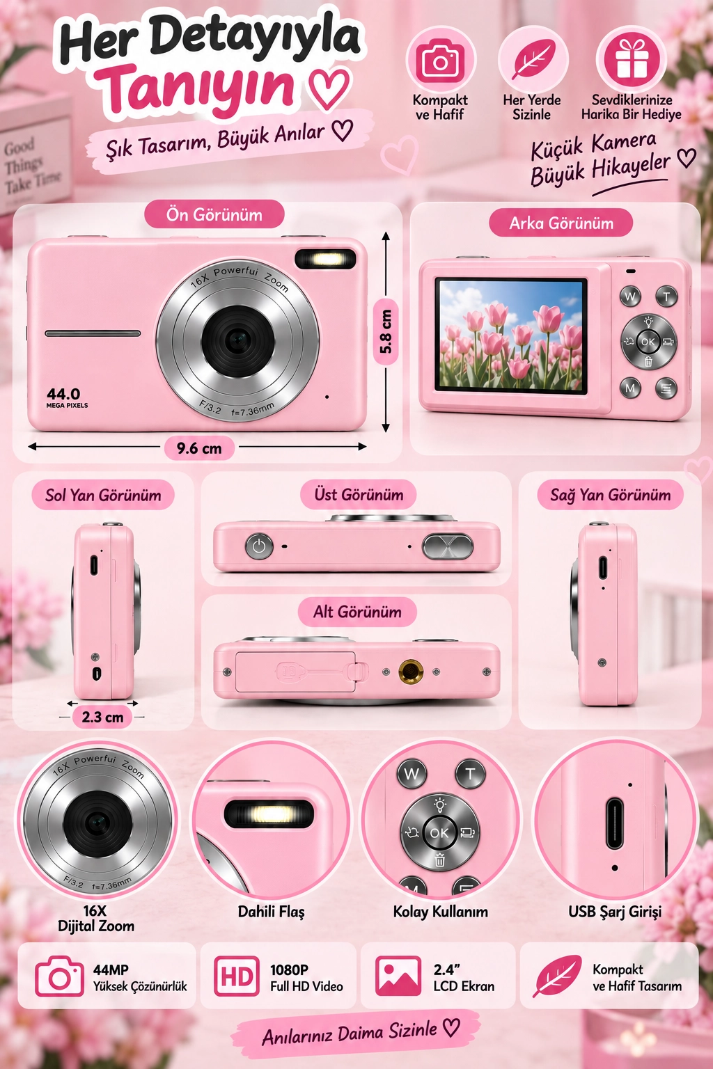 4K Figürlü Çantalı Dijital Video Kamera 44MP 16X Zoom Işıklı Kart Dijital Fotoğraf Makinesi 64gb Hafıza Kart Hediyeli pembe